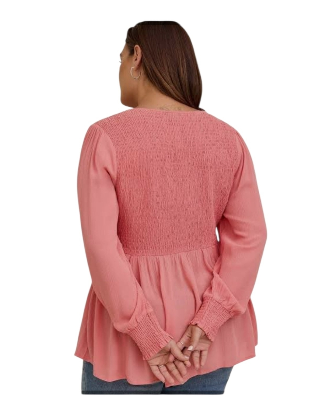 torrid Coral Pink Smocked V-Neck Peplum Tunic - Picture 2 of 7